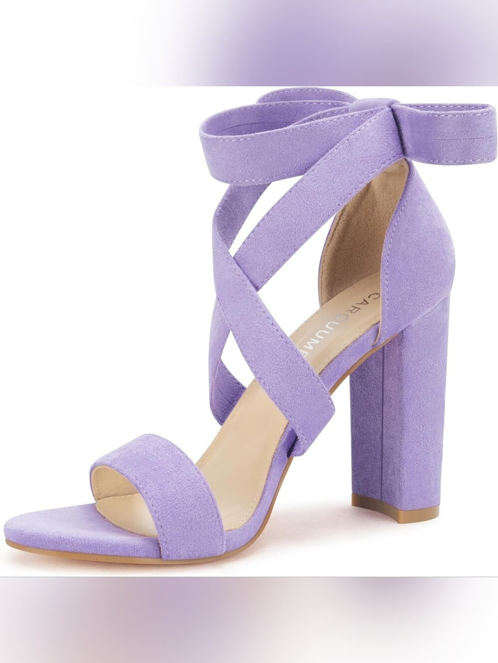Crisscross Lavender Suede Block Heel Sandal with Ankle Tie - Women